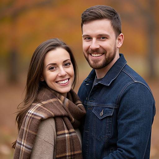 Photograph of a smiling Caucasian couple in autumn; she has long brown hair, wears a plaid scarf and beige coat; he has short brown hair