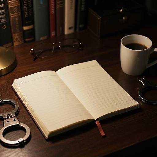 Photograph of an open notebook, handcuffs, coffee cup, glasses, and books on a dark wooden desk, lit softly. Mysterious, quiet