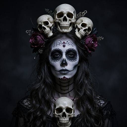 Photograph of a woman with white face paint, black eye sockets, and blue lips, adorned with five skulls and red roses in her dark, w