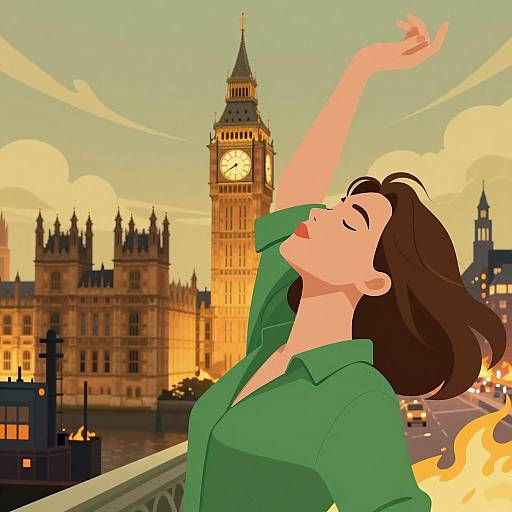 Woman Amid Fiery Cityscape Illustration