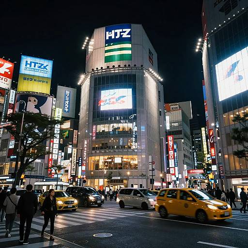 Photograph of a bustling, neon-lit Japanese city street at night, featuring glowing billboards, yellow taxis, pedestrians, and illuminated skyscrapers