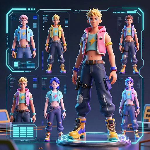 Digital CGI image of anime-style characters with spiky blonde and blue hair, wearing crop tops, vests, cargo pants, and yellow boots, standing on