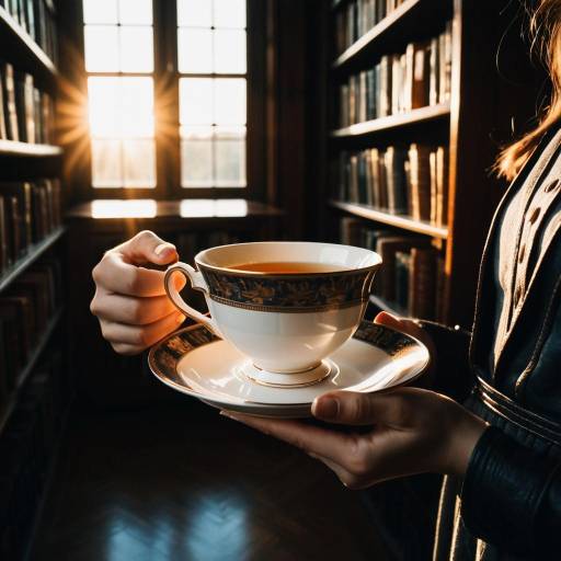 Woman Holding Elegant Teacup in Vintage Library