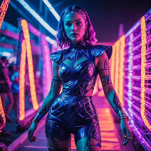Cyberpunk Woman in Neon Rave Outfit