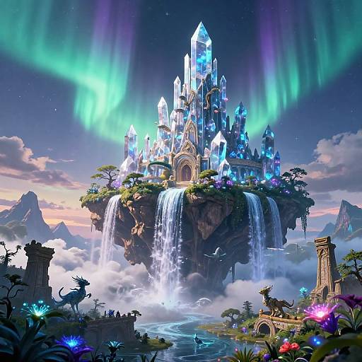 Fantasy digital artwork of a glowing, crystal castle on a cliff with waterfalls, auroras, mythical creatures, and vibrant flora.