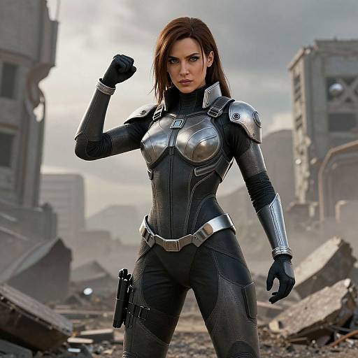 CGI image of a fierce, brown-haired woman in sleek, metallic black superhero armor standing in a post-apocalyptic, ruined cityscape.