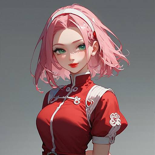 Anime Girl with Pink Hair in Red Qipao
