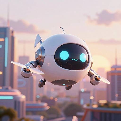 CGI image of a white, spherical robot drone with glowing blue eyes and a cute smile, flying over a blurred, sunset-lit cityscape.
