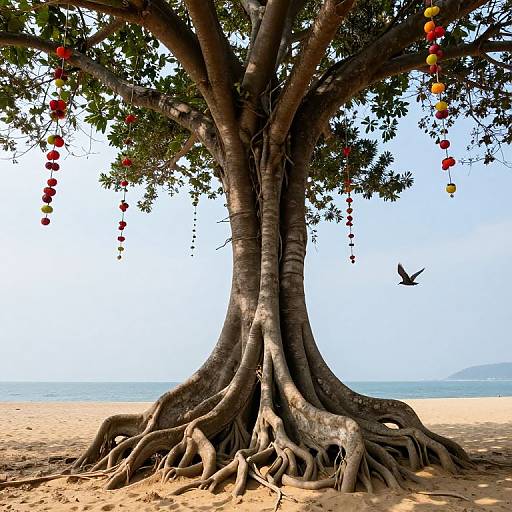 Photograph of a large tree with sprawling roots on a sandy beach, adorned with colorful hanging fruits and a bird in flight.