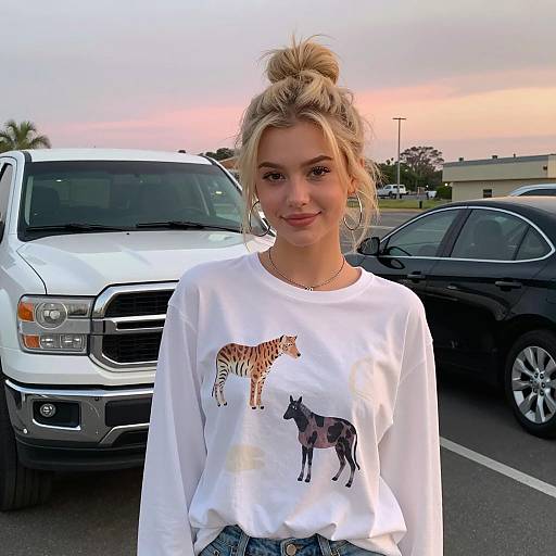 Young Woman in White Shirt with Animal Prints