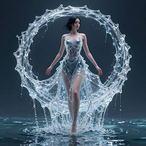 Digital artwork of a pale-skinned, black-haired woman in a translucent, wet, white dress, walking through a glowing, circular water splash in a