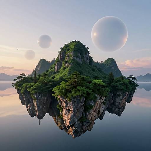 Fantastical CGI image of a lush, green island with jagged cliffs floating in a calm, reflective lake, surrounded by three large, glowing planets