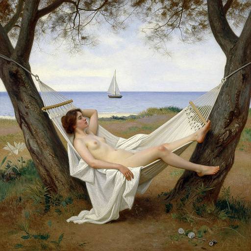 Nude woman with pale skin and brown hair lounges on a white hammock between trees, overlooking a serene beach with a sailboat. Digital painting