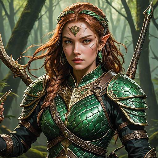 Female Yuan-Ti Ranger in Detailed Green and Copper Scale Armor