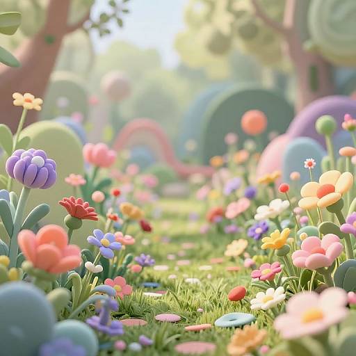 Whimsical CGI garden scene with colorful, oversized flowers and spherical plants, bathed in soft sunlight, set in a lush, green meadow.