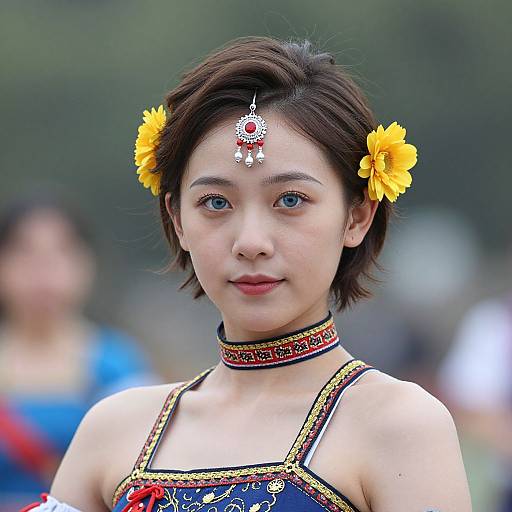 Photograph of an Asian woman with short brown hair, blue eyes, wearing a blue embroidered dress, yellow flower hairpins, red forehead ornament, and