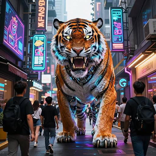 Neon Cyborg Tiger in Holographic Alley