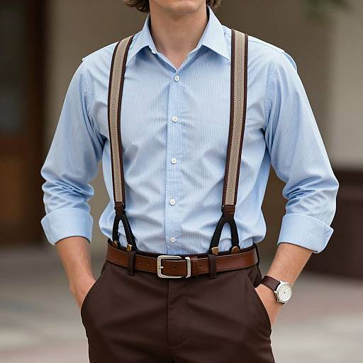 Photograph of a man in a light blue striped shirt, brown suspenders, and dark trousers, with hands in pockets, wearing a brown belt and