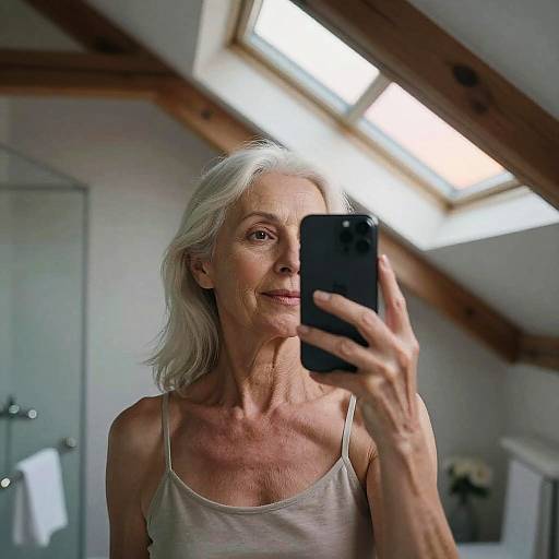 Elderly Woman Taking Mirror Selfie in Loft Bathroom