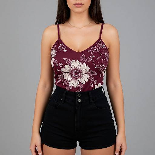 Photograph of a woman with long dark hair, wearing a maroon floral tank top and black high-waisted shorts, against a plain gray background