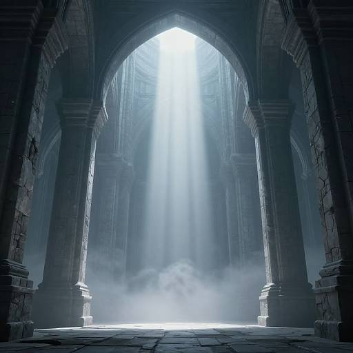 Photorealistic digital image of a dimly lit, ancient stone archway with sunlight streaming through, creating ethereal beams of light amidst mist on a