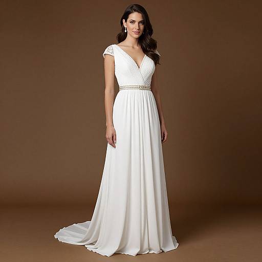 Photograph of a brunette woman with long wavy hair, wearing a white, V-neck, short-sleeved, floor-length wedding gown with a