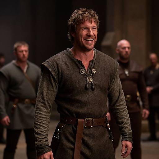 Photograph of a smiling, ruggedly handsome man with tousled brown hair, wearing a dark, medieval-style tunic with a belt and brooch