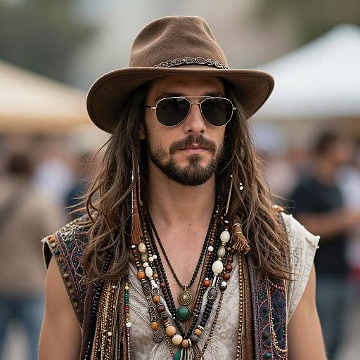 Photograph of a bearded man with long brown hair, wearing a brown cowboy hat, aviator sunglasses, and a beaded, sleeveless vest