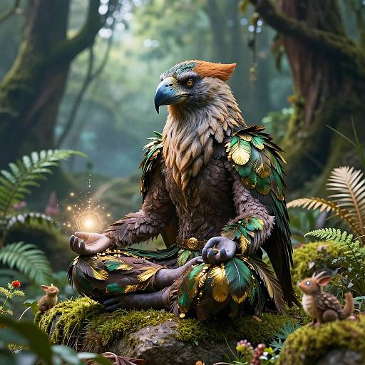 Digital artwork of a mythical bird-like creature with colorful feathers, sitting meditatively in a lush, enchanted forest, surrounded by small animals.