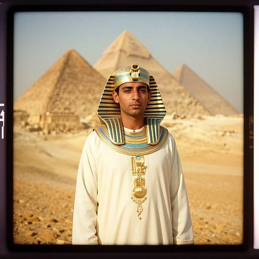 Photograph of a Middle Eastern man in ancient Egyptian attire with striped headdress, white tunic, and gold necklace, standing in front of pyramids