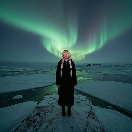 Photograph of a woman with braided white hair, black coat, and snow boots standing on icy terrain under vibrant green Northern Lights.