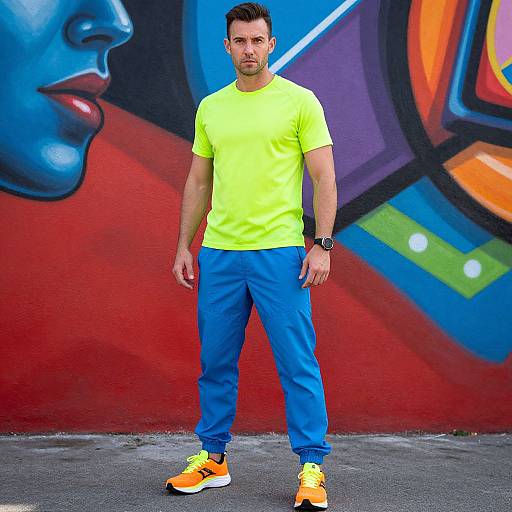 Photograph of a fit man with short dark hair, wearing a neon yellow t-shirt, blue pants, and orange sneakers, standing against a vibrant,