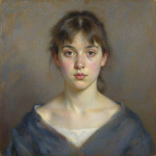 Realistic oil painting of a young woman with fair skin, brown hair, and soft features, wearing a dark blue V-neck shirt.