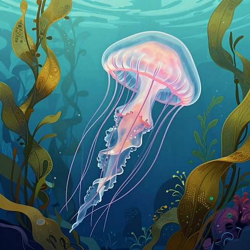 Vibrant digital illustration of a glowing jellyfish with translucent, pink-tinged bell and long, wavy tentacles, floating amidst blue underwater