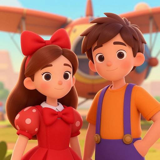 CGI illustration of a smiling young girl with a red polka-dot dress and bow, and a boy in orange shirt and blue overalls, standing