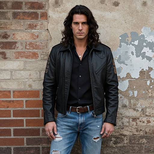 Photograph of a serious-looking man with long black hair, wearing a black leather jacket, black shirt, and ripped jeans, standing against a worn brick