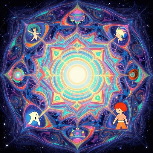Digital art of a vibrant, glowing mandala with six small, colorful, cartoon characters around a bright, central light against a starry background.