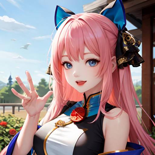 Anime-style digital illustration of a pink-haired girl with large blue eyes, wearing a yellow top, black sash, and red skirt, waving joyfully