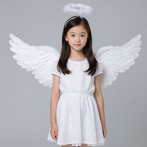 Photograph of an Asian girl with long black hair, wearing a white angel dress, halo headband, and white feather wings, standing against a plain