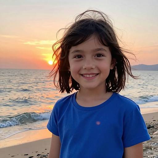 Photograph of a smiling young girl with dark, wavy hair, wearing a blue shirt, standing on a beach at sunset. Orange and pink sky