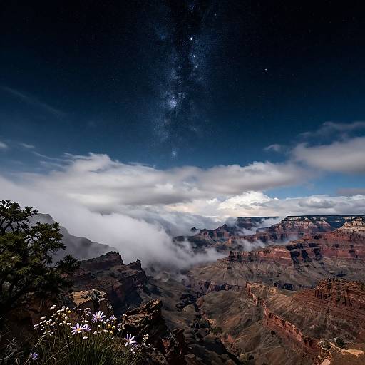 Photograph of the Grand Canyon at night, showcasing a clear Milky Way above towering red rock cliffs, with clouds and white flowers in the foreground.