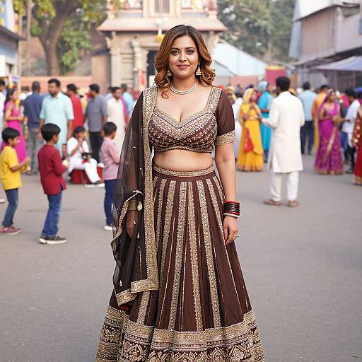 Photograph of a confident South Asian woman in a brown and gold traditional lehenga choli, standing in a bustling street with colorful crowd, children,