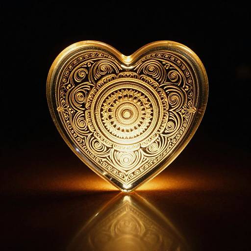 Glowing, ornately patterned heart-shaped glass ornament with intricate mandala designs, illuminated against a dark background, reflecting a warm, golden light