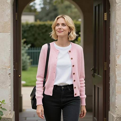 Blonde Woman in Pink Cardigan Standing in Doorway