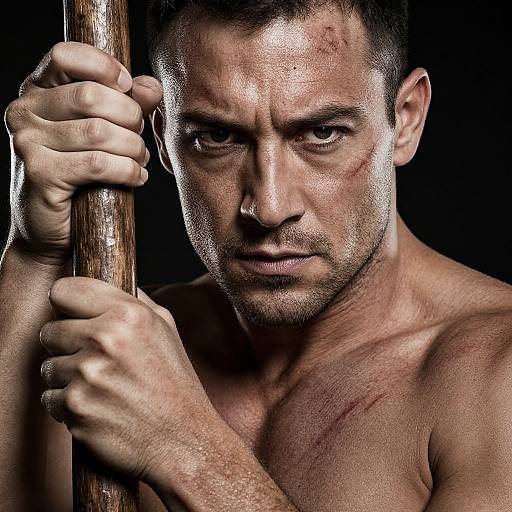 Photograph of a muscular, shirtless man with short dark hair, holding a wooden pole, gazing intensely, with bruises on his face and chest