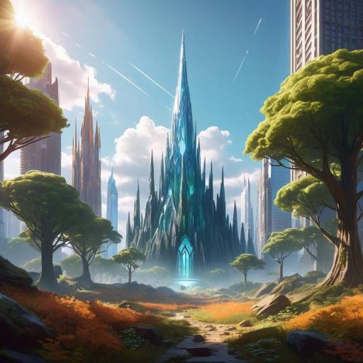 Towering Crystal Spire in Ancient Forest Glade Towering Crystal Spire in Ancient Forest Glade