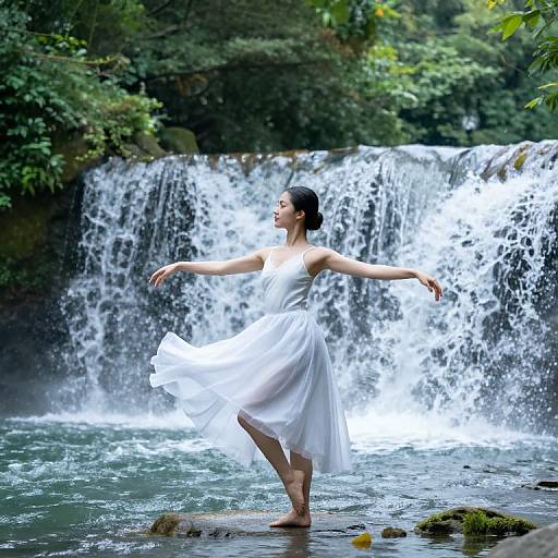 Photograph of a barefoot woman in a flowing white dress dancing in front of a cascading waterfall, surrounded by lush greenery.
