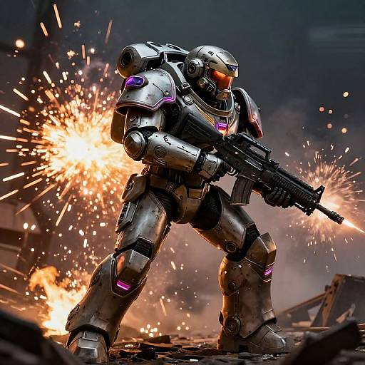 Photorealistic digital artwork of a futuristic, silver armored soldier with glowing purple accents, firing a rifle amidst a fiery explosion in a dark, war-t