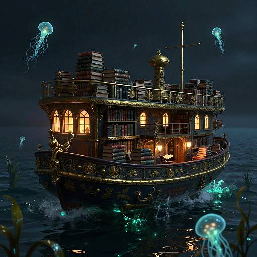 Ornate Floating Library Barge at Night