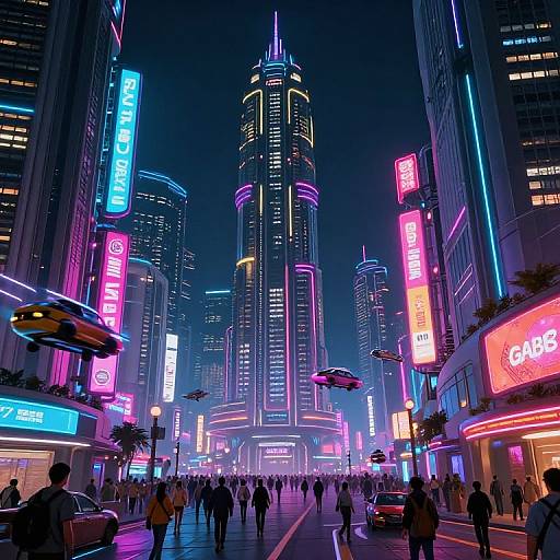 Neon-lit, futuristic city street at night; vibrant blue, pink, and purple signs illuminate towering skyscrapers; crowded with people, cars